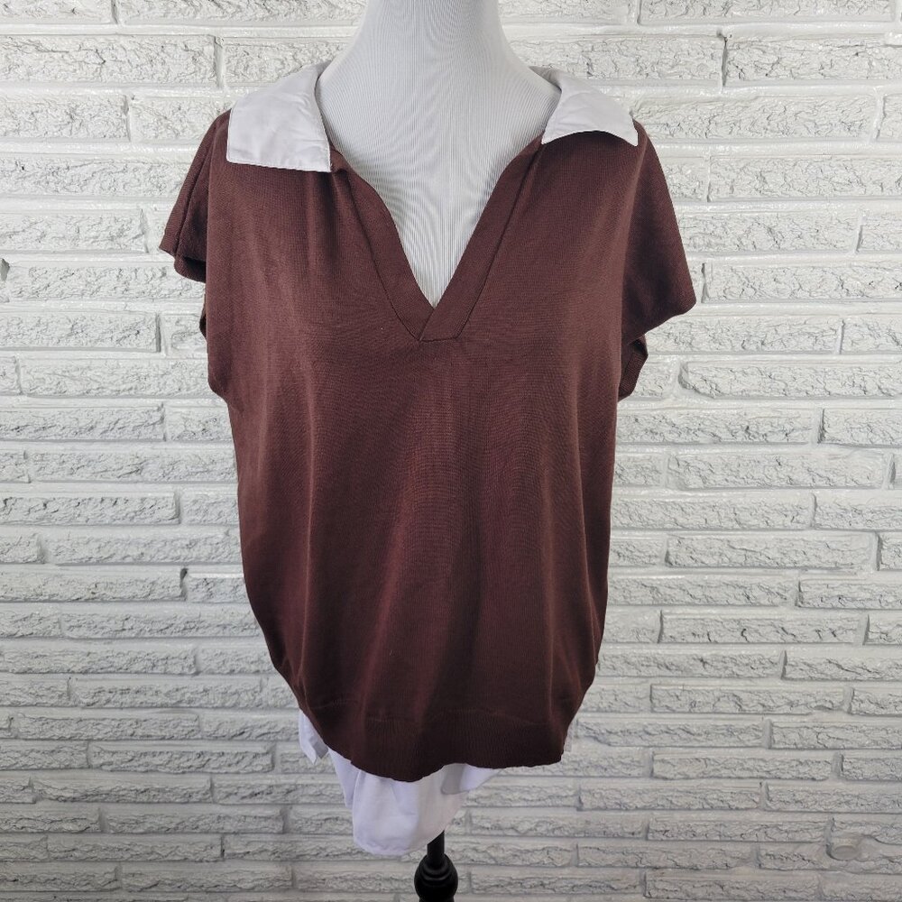 Ashley Stewart Womens 18/20 Plus Sleeveless Knit Blouse Brown Collared BRO41E